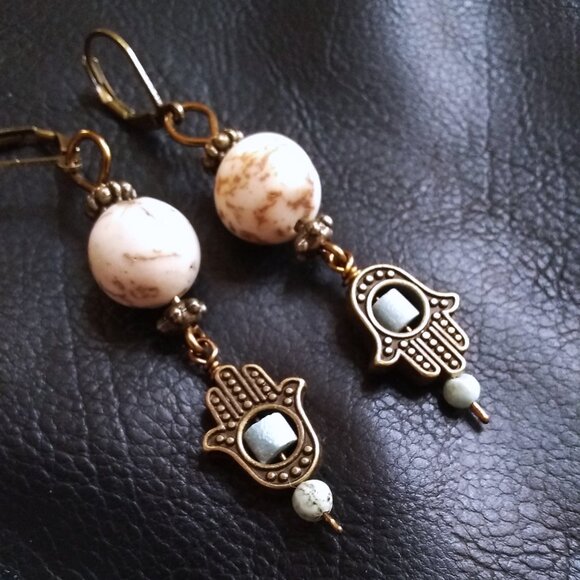 Hamsa Hand Dangle Earrings - Blessings & Protection - Natural Stone Beads - Picture 6 of 10